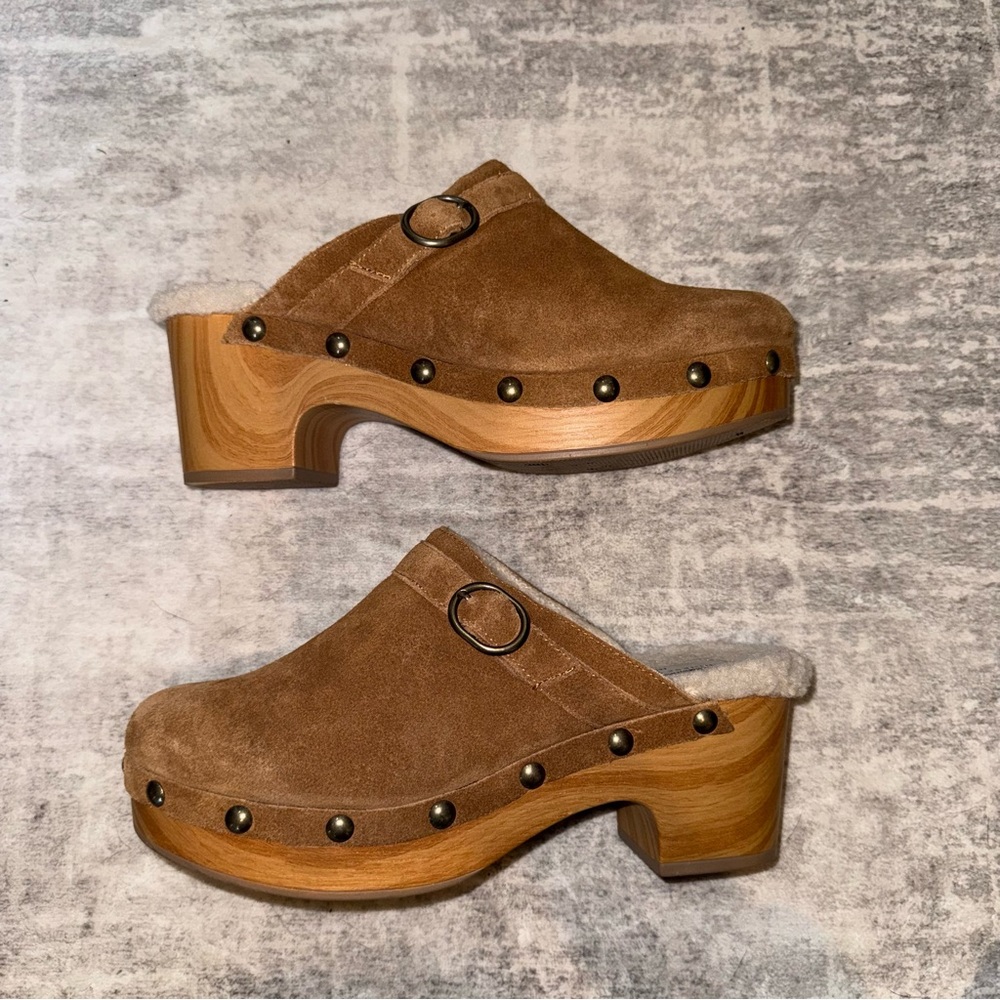 Chinese Laundry Tan Suede Mules with Wooden Platform